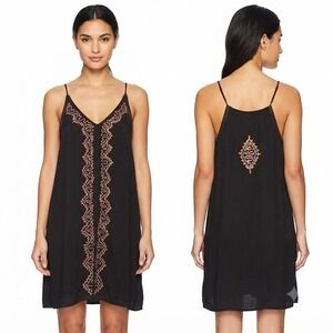 Exist Dress Womens Small Black Embroidered Boho Mini Rayon V-Neck LSD7389